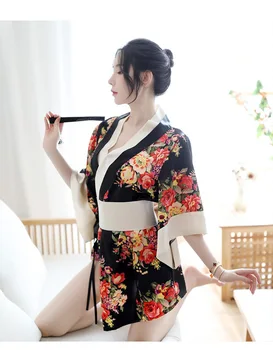 Exotické Kostýmy Japonské Kimono Ženy Sexy Lingerie Set Kvetinový Tlač tvaru Vianočné Bielizeň, Župan Krátky Župan Erotické Cosplay
