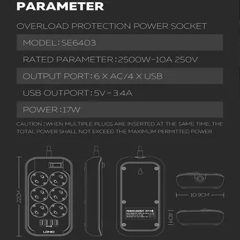 EÚ Plug Power Electronic Power Strip Rýchle Nabíjanie 3 USB+6 Zásuviek pre Telefóny 2500W 250V 2 M Predlžovací kábel Sieťový filter