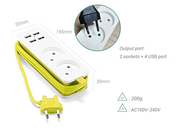 EÚ Plug Power Strip Predlžovací Kábel Travel Adaptér Zásuviek 1,5 m Kábel Viac Zástrčky S 2 AC 4 Port USB Pre Chytré telefóny,