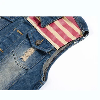 FALIZA pánská Vesta Bunda Skladaný Dizajn Denim Vesta Amerike Vlajka Modrá Vesta bez Rukávov Jeans Bundy Hip Hop Jean Coats MJ102