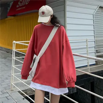 Falošné dvoch-dielny mikiny o-krku dlhé rukávy košele, topy žena voľné bf Harajuku 2020 jar nový kórejský študent pulóver