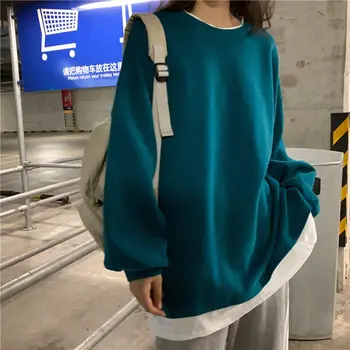 Falošné dvoch-dielny mikiny o-krku dlhé rukávy košele, topy žena voľné bf Harajuku 2020 jar nový kórejský študent pulóver