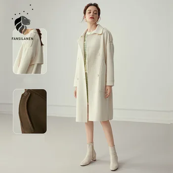 FANSILANEN Dlho vlna zmes kabát Ženy elegantné nadrozmerné biely zimný kabát Žena vrecku casaul streetwear bunda, kabát