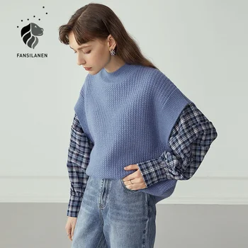 FANSILANEN Falošné dve dielna sada nadrozmerné modrá pletený sveter Ženy dlhý rukáv patchwork pulóver Zimné bežné jumper knitwear