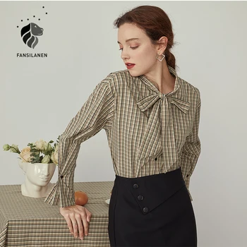 FANSILANEN Luk obväz koberčeky, blúzky, košele Ženy s dlhým rukávom vintage office blúzka kravatu prednej hornej Žena elegantné francúzske tričko 2020
