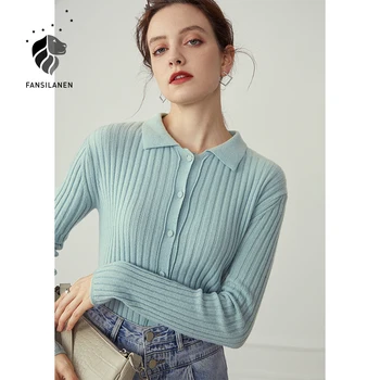 FANSILANEN Polo bežné modrá pletený sveter cardigan Ženy dlhý rukáv hore knitwear Žena skniy slim vintage jumper
