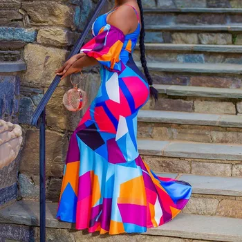 Farebný Blok Ženy Morská Víla Dlhé Šaty Afriky Sexy Party Bodycon Plus Veľkosť Šaty Trúby Župan Femme Vestiods Maxi Šaty Letné