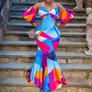 Farebný Blok Ženy Morská Víla Dlhé Šaty Afriky Sexy Party Bodycon Plus Veľkosť Šaty Trúby Župan Femme Vestiods Maxi Šaty Letné