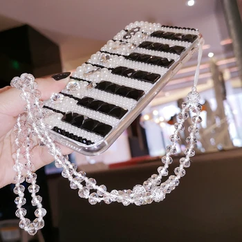 Fashion, DIY Pearl Black Diamond White Piano Tlačidlo Crystal Reťazca puzdro Pre iPhone 12 Mini XS 11 Pro MAX XR X 7 8 6 6 Plus SE