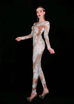 Fashion Kamienkami Jumpsuit Elastické Leginy Crystal Remienky Sexy Fáze Kostýmy Ženy, Nočný Klub Strany, Spevák, Tanečník Kombinézach