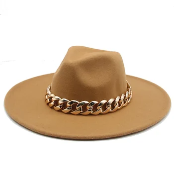 Fedora klobúky veľký okraj 9.5 cm hrubé zlaté reťaze pásma pásu muži ženy zimné čiapky jeseň široký okraj ručné luxusné zimné čiapky