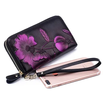 Fengdong ženy kožené peňaženky kvet telefón taška vintage kvetinový kabelku darčeky pre dievčatá zips dlhé rfid peňaženky žena držiteľa karty