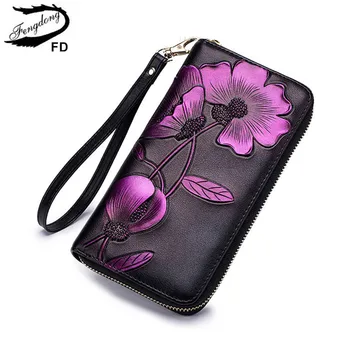 Fengdong ženy kožené peňaženky kvet telefón taška vintage kvetinový kabelku darčeky pre dievčatá zips dlhé rfid peňaženky žena držiteľa karty