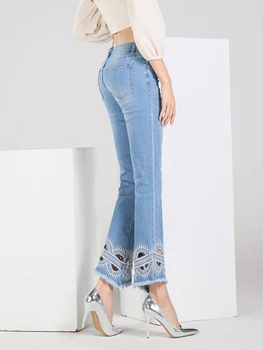 FERZIGE vysoký pás ženy džínsy úsek svetlo modré dutiny von výšivky slim fit bell spodnej časti nohavice módne dámske džínsy, veľkosť 36