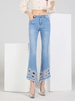 FERZIGE vysoký pás ženy džínsy úsek svetlo modré dutiny von výšivky slim fit bell spodnej časti nohavice módne dámske džínsy, veľkosť 36