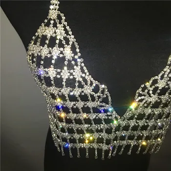Festival Kráľovná luxusné diamantové reťaze patchwork plodín topy ženy 2018 lesk striebra backless drahokamu cami ostrihané strapec top