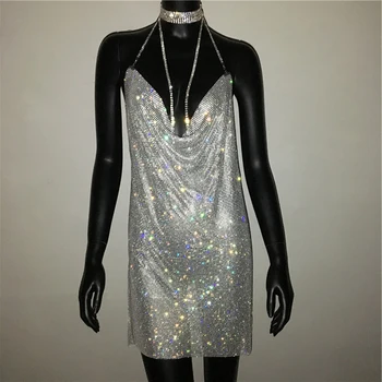 FestivalQueen sexy hlboko v krku drahokamu šaty žien 2018 luxusné dance party s uväzovaním za diamante backless split mini šaty