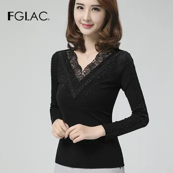 FGLAC Ženy t-Módne tričko Dlhý rukáv tvaru Oka topy Elegantný Štíhly Diamanty Jeseň tričko plus veľkosti 4XL ženy blusas