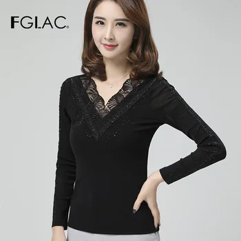 FGLAC Ženy t-Módne tričko Dlhý rukáv tvaru Oka topy Elegantný Štíhly Diamanty Jeseň tričko plus veľkosti 4XL ženy blusas