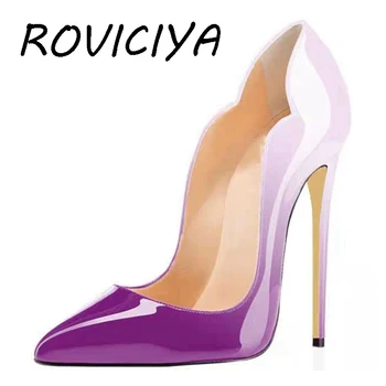 Fialová Biela Gradient Stručné značka topánky plus veľkosť, špicaté 12 cm vysoká stiletto podpätky plytké klasické ženy čerpadlá QP042 ROVICIYA
