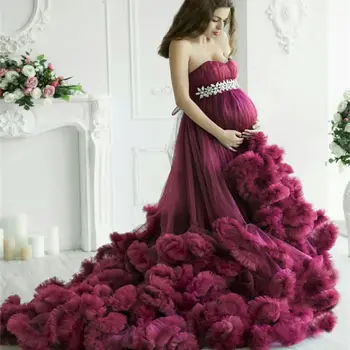 Fialová Dlho Materskej Šaty Luxusné Rozstrapatené Baby Sprcha Materskej Šaty Fotenie Crystal Župan Odev Tehotenstva Šaty