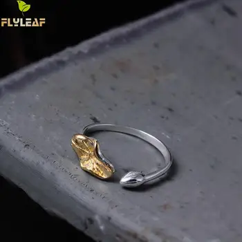 Flyleaf 925 Sterling Silver Gold Color Lotus List Otvoriť Prstene Pre Ženy Čínske Prvky Elegantná Dáma Módne Šperky