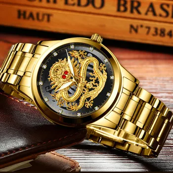 FNGEEN Značku Hodiniek pánske Hodinky Luxusné Zlaté Náramkové hodinky Quartz 3D Vodotesné Dragon Automatické Mechanické Hodinky Pre Mužov Relojes