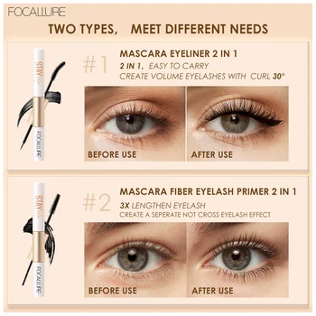 Focallure Mascara 2 V 1 Waterproof Mascara Očné linky & Mascara Vlákniny Rias Primer 3X Predĺžiť Mihalnice Kozmetické