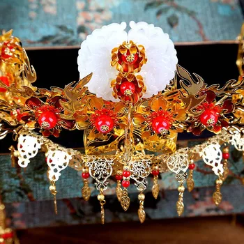 FORSEVEN Svadobné Nevesty Zlaté pokrývku hlavy Nastaviť Čínsky Ohnivák Tiara a Koruny, Coronet Vlasy Ornament, Svadobné Šperky, Doplnky
