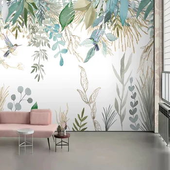 Foto Tapety Moderné Ručne maľované Tropická Rastlina, Listy, Kvety A Vtáky nástenné Maľby Obývacia Izba, Spálňa Nepremokavé Nástenné Maľby