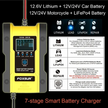 FOXSUR 6A smart lítiová batéria 12V 24V olovené batérie lítium železa fosfát nabíjačka, auto, motocykel, nabíjačky batérií