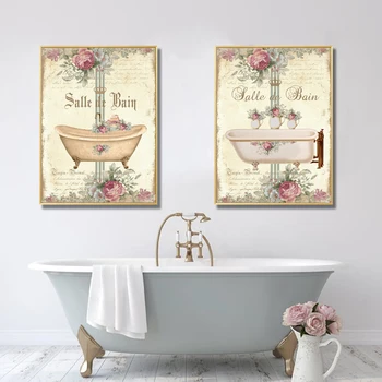 Francúzsky Kúpeľňa Dekorácie, Obrazy Tlač Vintage Plagáty Salle de Bain Le Bain Tabule Ošumelé Jemné Wall Art Plátno Obrázky