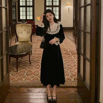 Francúzsky Čierna Vintage Šaty Žien 2021 Jar Večer Party Šaty Žena Bežné Retro Elegantné Zimné Jeden Kus Oblečenia Kórejský Roztomilý