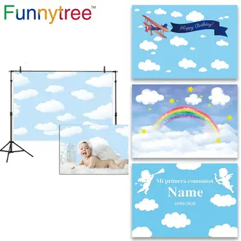 Funnytree Fotografie Pozadí modrej oblohy biely oblak lietadlom dieťa sprcha pozadí narodeniny photozone strany Photo studio tapety