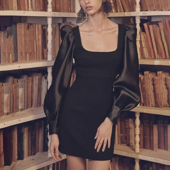 GALCAUR Vintage Šaty Pre Ženy, Námestie Golier Svietidla Dlhý Rukáv Vysoký Pás Bodycon Čierne Mini Šaty Žena 2020 Jeseň Tide
