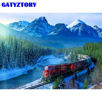 GATYZTORY pohybu Vlaku, V Snehu Horskej Krajiny Olej Maľovanie Podľa Čísel 60x75cm Diy Zarámované Nátery Domov Lving Izba Diy Darček