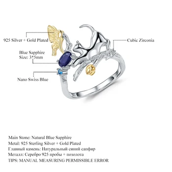 GEM BALET 0.30 Ct Prírodné Blue Sapphire Cat & motýľ Krúžky Reálne 925 Sterling Silver Nastaviteľné Otvoriť Krúžok pre Ženy Šperky