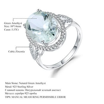 GEM BALET 925 Sterling Silver Ring Pre Ženy, Luxusné 5.57 Ct Oválne Prírodný Zelený Ametyst Drahokam Krúžky Jemné Šperky