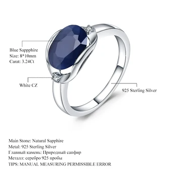 GEM BALET Nové 3.24 Ct Prírodný Modrý Zafír Prstene Reálne 925 Sterling Silver Klasický Oválny Krúžok Pre Ženy Výročie Jemné Darček