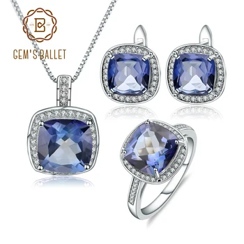 GEM BALET Prírodné Námestie Iolite Modrá Mystic Quartz Šperky Set Pre Ženy, 925 Sterling Silver Náhrdelníky Náušnice, Prsteň