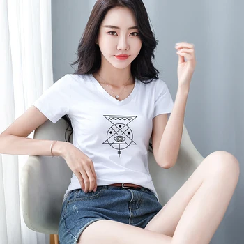 Geometrické Vzory T-shirt pre Ženy V Krku T-shirt Ženy Lete Harajuku Módne T-shirts 2020 Punk kórejský T-shirt Slim Tees