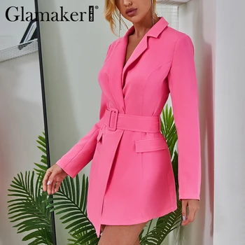 Glamaker Fluorescencie pink s dlhým rukávom saka Ženy pás nepravidelné v krku office dámske sako kabát Módna bunda outwear 2020