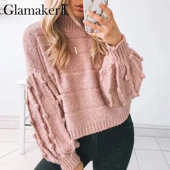 Glamaker Ružová turtleneck zimné sweatwer ženy svietidla rukáv bežné sveter jumper módne 2020 teplé krátke retro dámy sveter