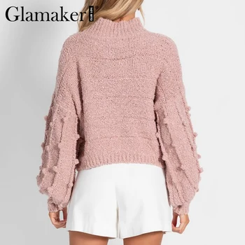 Glamaker Ružová turtleneck zimné sweatwer ženy svietidla rukáv bežné sveter jumper módne 2020 teplé krátke retro dámy sveter