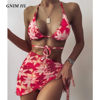 GNIM Sexy Tri Kus Tlač Plavky Ženy Obväz Bikini Mujer 2020 Backless Trojuholník Plavky Žena High Cut Plávať Bather Oblek