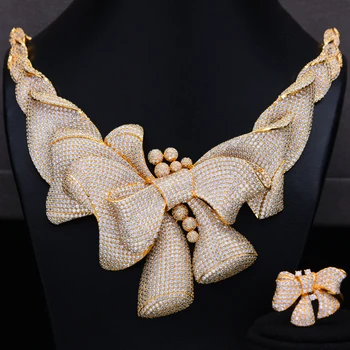 GODKI Luxusné 4PCS Bowknots Náhrdelníky Náušnice Sady Zirkónmi, šperky Sady pre ženy, Svadobné Indian Svadobné Šperky Sady 2018
