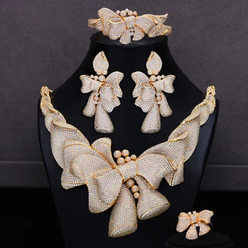 GODKI Luxusné 4PCS Bowknots Náhrdelníky Náušnice Sady Zirkónmi, šperky Sady pre ženy, Svadobné Indian Svadobné Šperky Sady 2018