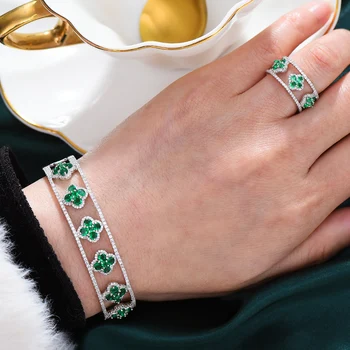 GODKI Luxusný Trblietavý Kvety Náramok Náramok, Prsteň, Šperky Set pre Ženy, Svadobné Zapojenie Dubaj Šperky Sady parure bijoux 2021
