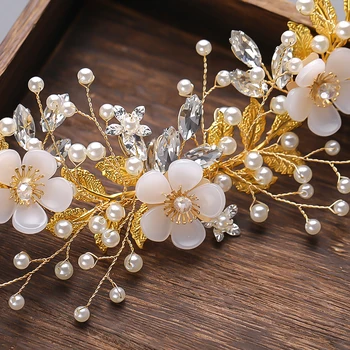 Golden Flower Pearl Drahokamu Hlavový Most Svadobné Doplnky Do Vlasov Pre Ženy Nevestu Tiara Čelenka Na Vlasy Šperky