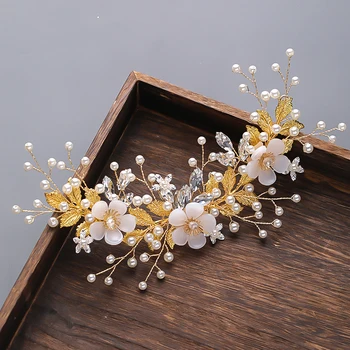 Golden Flower Pearl Drahokamu Hlavový Most Svadobné Doplnky Do Vlasov Pre Ženy Nevestu Tiara Čelenka Na Vlasy Šperky